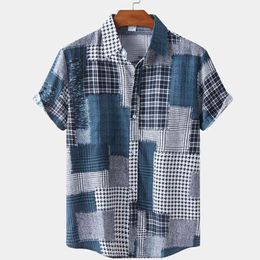 Houndstooth Shirts Men Short Sleeve Casual Mens Aloha Shirt Beach Holiday Hawaiian Camisas Summer Patchwork Cosy Chemise Homme 210524