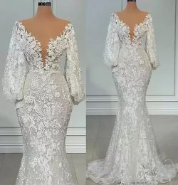 2022 Gorgeous Wedding Dresses Mermaid Bridal Gown Long Poet Sleeves Sheer Neck Lace Applique Arabic Custom Made Plus Size Vestido De Novia 403 403