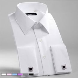 Men's Slim Fit French Cufflinks Shirt Non Iron Long Sleeve Cotton Male Tuxedo Formal Mens Dress s With Cuffs 210626