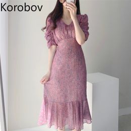 Korobov Korean Chic Spring Summer New Women Dress Elegant Vintage Puff Sleeve Chiffon Dresses Sweet Print V Neck Vestidos 210430