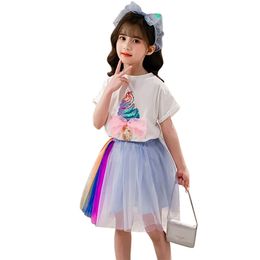 Summer Clothes For Girls Floral Tshirt + Mesh Skirt Clothing Big Bow Children Girl Children's Tracksuit 210528