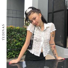 Yedinas White Lace Shirts Women Turn-down Collar Short Puff Sleeve Vintage Tops Summer Single Breasted See Through Sexy Tshirts 210527