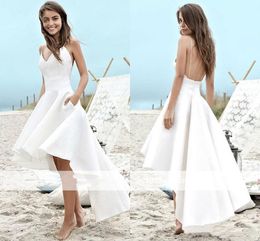 High Low Short Wedding Dress 2021 A Line Summer Beach Boho Bridal Gowns Satin Backless Spaghetti Straps Party Dresses