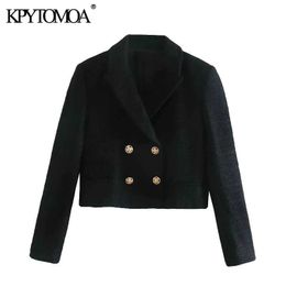 KPYTOMOA Women Fashion Double Breasted Tweed Cropped Blazer Coat Vintage Long Sleeve Pockets Female Outerwear Chic Tops 210930