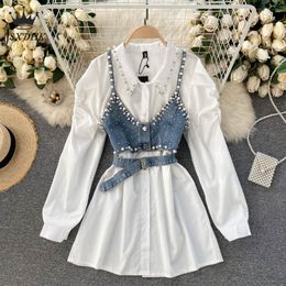 Повседневные платья 2021 Высококачественные белые рубашки платья женская оцветная бриллиантовая жемчужная роскошная роскошная джинсовая жилет шикарные два куска мода