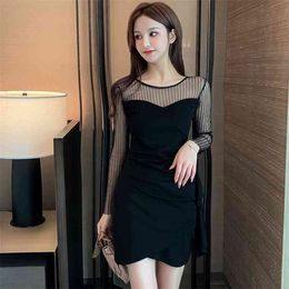 Women's Spring Autumn Dress Korean Style Mesh Stitching Pure Colour High Waist Long Sleeve Short Female es LL657 210506