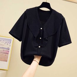 Summer thin Sweater Women Knitted Ribbed Pullover Sweater short Sleeve V neck loose Jumper Soft basic Pull Femme 210604