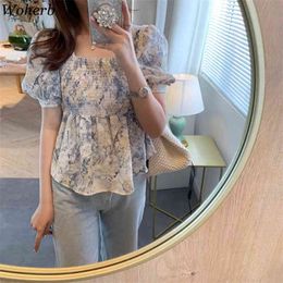 Korean Chic Sweet Floral Print Blouses Women Puff Sleeve Ruffles Female Shirts French Vintage Blusas Mujer Summer 210519