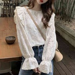 Ezgaga Lace Shirts Women Elegant Long Sleeve New Korean Chic Casual Sweet Loose Ruffled Female Flower Blouse Fashion 210430