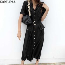 Korejpaa Women Dress Summer Korean Chic Retro Lapel Buckle Lace-Up Waist Single-Breasted Multi-Pocket Short-Sleeved Vestido 210526