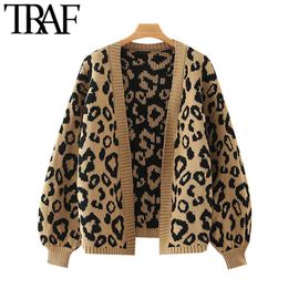 TRAF Women Fashion Leopard Pattern Loose Knitted Cardigan Sweater Vintage Lantern Sleeve Female Outerwear Chic Tops 211120