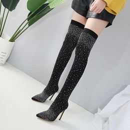 New 2021 Fashion Knitting Over-the-Knee Women Boots Thin High Heels Shoes Party Dance Bling Boot Pointed Toe Chelsea 43 Y1018