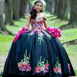 Charro quinceañera vestidos con cuentas floral apliques dulce 16 de  cumpleaños ropa de cumpleaños negro mexicano bata princesa femme vestidos  de baile