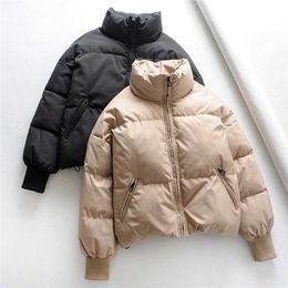 Fashion Women Solid Stand Collar Winter Down Jacket Preppy Style Thick Zipper Pockets Oversize Ladies Chic Parkas Coats Female 211216