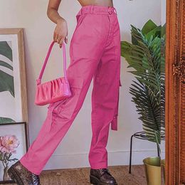 Stylish Pink High Waist Belt Wide Y2k Pants Women New Hit Harajuku Cargo Sweatpant Straight Baggy Trouser Streetwear Capri 210415