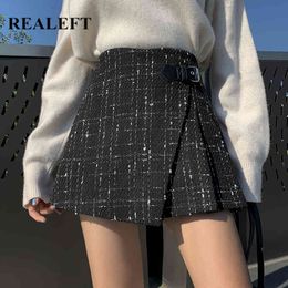 Autumn Winter Vintage Plaid Woolen Skater Shorts Skirts Button High Waist Wrap Mini Female A-Line 210428