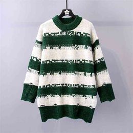 Women Casual Long Sweater and Jumpers Sleeve Wide Striped Knitwear Green Pullovers Korean Overwear tOPS 210430