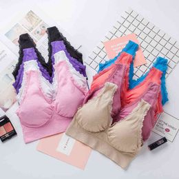 Double Layer Sports Underwear Lace No Steel Ring Bra Underwear Yoga Girl Vest Shockproof Sleep Large 211117