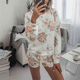 Autumn Floral Print Pyjama Set Women Suit Lounge Wear Loungewear Home Long Sleeve Leopard Homewear Sleepwear 210809