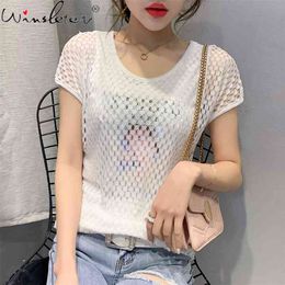 Summer European Style Loose T-shirt Fashion Sexy Hollow Out Diamonds Lace Women Tops Short Sleeve All Match Tees T14427A 210421