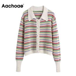 Aachoae Frühling Herbst Frauen Strickjacke Pullover Drehen Unten Kragen Chic Aushöhlen Damen Stricken Tops Laterne Hülse Jumper Pullover 210413