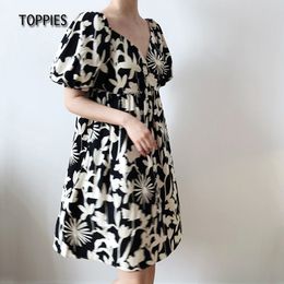 Toppies Sexy Mini Dresses Women Backless Lantern Sleeve Summer Dress V-neck Cotton Vacation Clothes 210412