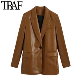 Women Fashion Faux Leather Single Button Blazers Coat Vintage Long Sleeve Pockets Female Outerwear Chic Tops 210507