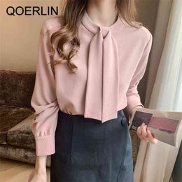 S-2XL OL Pink Blouse Women Elegant Solid Colour Shirt Long Sleeve College Style Casual Loose Plus Size Shirts 210601