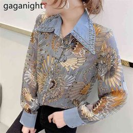 Women Spring Chiffon Blouses Tops Female Foral Printed Long Sleeved Shirt Beading Button Plus Size Blusa 210601