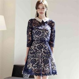 Spring Women Korea Sexy Hollow out Lace Peter Pan Collar for Sweet High Waist Slim Elegant A-Line Dresses Vestidos 210519