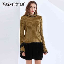 Striped Hit Colour Sweater For Women Turtleneck Flare Long Sleeve Bowknot Lace Up Knitting Sweaters Female 210524