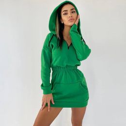 Casual Dresses Zoctuo Women Solid Long Sleeve Hoodie Sweatshirt Mini Dress Pocket Streetwear Loose Korean 2021 Autumn Winter