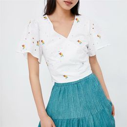 Women Summer V-Neck Casual Blouses Shirts Tops ZA Floral Embroidery Bow Tie Female Elegant Short Top Tunic Blusas Clothes 210513