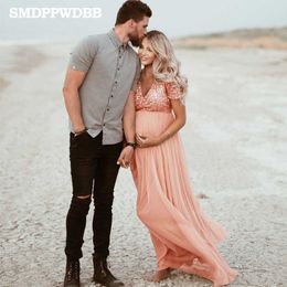 SMDPPWDBB Maternity Photography Props Maternity Dress Short Sleeve Maternity Gown Chiffon V neck Pink Pregnant PhotoShoot Y0924