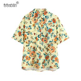 Women Fashion Pockets Floral Printed Loose Blouses Vintage Short Sleeve Buttons Shirts Female Casual Chic Tops 210520
