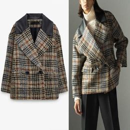 Za Combination Plaid Blazer Women Long Sleeve Vintage Loose Blazers Coat Female Chic Flap Pocket Office Outwear Top 210602