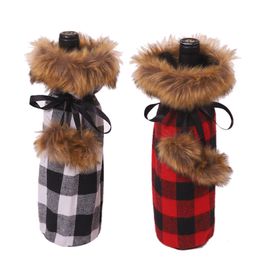 DHL50pcs Christmas Decorations Plaid Bottle Bags Bow-tie Fur Ball Red Wine set With Black Cheque