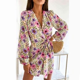 Office Lady Casual Long Sleeve Spring Dress Fashion Women Floral Printing Party Dresses Elegant V Neck Wrap Lace-up Draped Dress Y1204