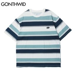 Tshirts Streetwear Men Summer Color Block Striped Short Sleeve Tees Harajuku Casual Hip Hop Cotton T-Shirts Loose Tops 210602