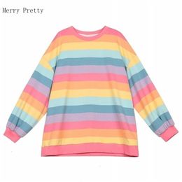 Pink Rainbow Striped Oversize 2XL T Shirts For Women Summer Long Sleeve O-neck Shirt Korean Style Ladies Fleece sweetops 210623