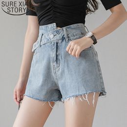 Summer Blue Jean Denim Shorts for Women Simple High Waist Wide Leg Vintage Irregular Female 8942 50 210510