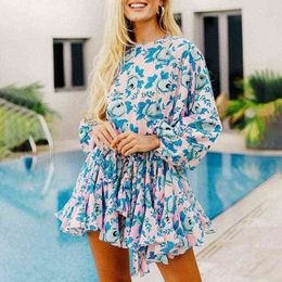INSPIRED belted tie-dye women braided tie pleated party new fashion summer long sleeve mini dress 210412