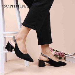 SOPHITINA Pumps Women Fashion Crystal Kid-Suede Leather Handmde Shoes Slip-On Thick Heel Casual Ladies Shoes C935 210513