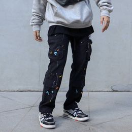 High Street Cargo Flare Pant Hip Hop Handmade Ink Wide Leg Cargo Pants Harajuku Multi-pocket Loose Casual Trousers Men P0811