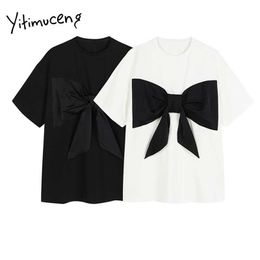 Yitimuceng Bow T Shirts Woman Harajuku Loose Casual Tees O-Neck Solid Black White Tops Summer Korean Fashion Tshirts 210601