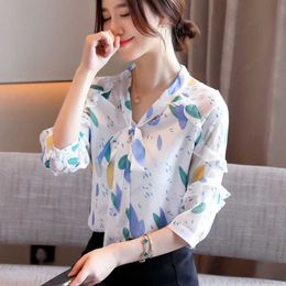 Korean Chiffon Women Blouses Shirt Print Tops XXL Office Lady Bow Ruffles Shirts Blusas Mujer De Moda 210531