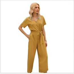 Summer Fashion Solid Colour Jumpsuit Women Round Neck Short-Sleeve Rompers Waistband Single Breasted Women's Jumpsuits &