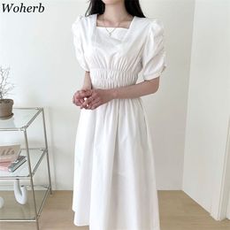 Woman Dress Ropa Mujer Chic Pleated White Vestidos Femme Square Collar Puff Sleeve Robe Summer Slim Korean Dresses 210519