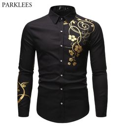 Stylish Gold Flower Print Black Shirt Men Spring Slim Fit Long Sleeve Mens Dress Shirts Party Casual Male Social Shirt 210522