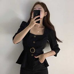 Blouse Vintage Khaki Square Neck Single-breasted Shirts Women Lace-up Waist Black Short Sleeve Tops Blusas Mujer Casual Wild 210610